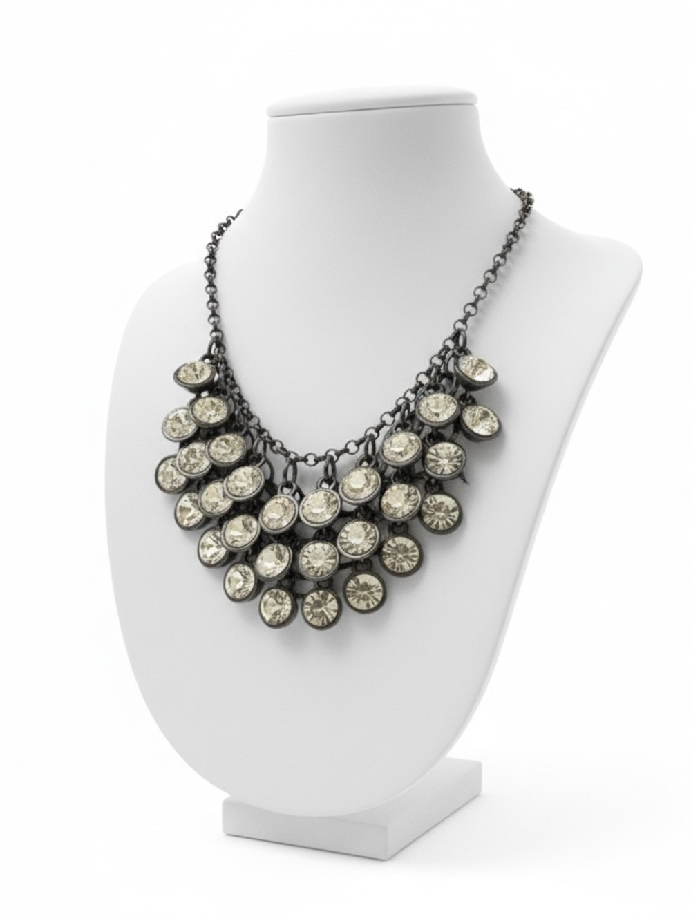 Crystal Disc Bib Necklace - Black Chain, Clear Stones Adjustable